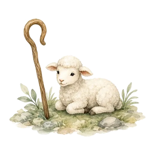 Watercolor lamb with a shepherd's staff